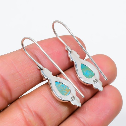 Copper Blue Turquoise Gemstone Handmade 925 Sterling Silver Jewelry Earrings - Picture 4 of 4