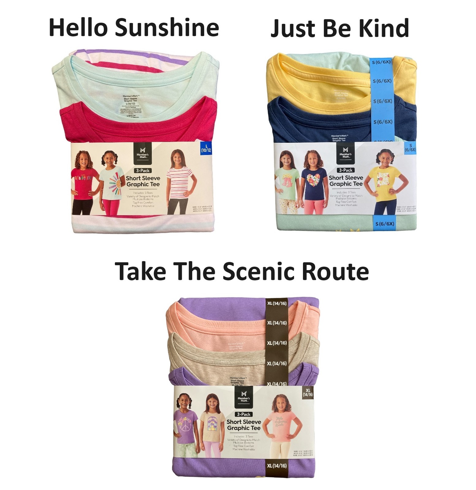 Member's Mark Girl's 3 Pack Short Sleeve Graphic Tee