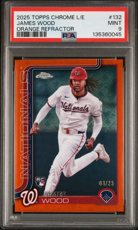 James Wood 2025 Topps Chrome Logofractor Orange Refractor /25 RC #132 PSA 9