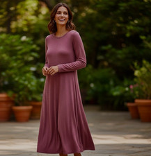 Eileen Fisher Crewneck Long Sleeve Cupro Blend Midi Dress in Jam Size S #275D