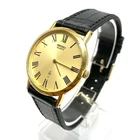 Seiko 43 0240 Quartz Watch Gold Roman Dial Black Leather Strap Vintage 33mm