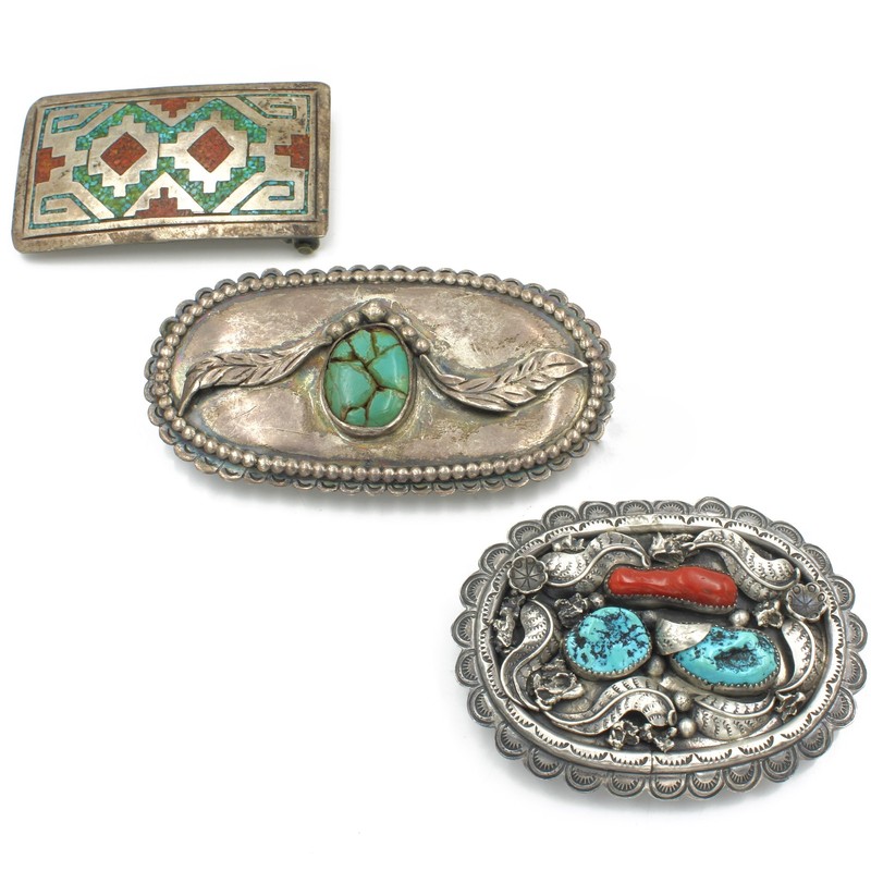 Southwest Signed Sterling Turquoise Red Coral Belt Buckle Lot of 3 #S5635-1