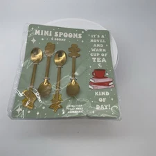 Christmas Stocking Gingerbread Man Snowman Star Set of 4 Mini Spoons Gold New