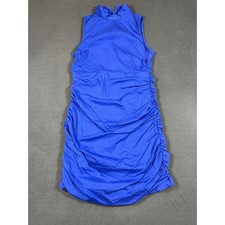 Zara Mini Dress Womens Medium Blue Sleeveless Mock Neck Ruched Bodycon