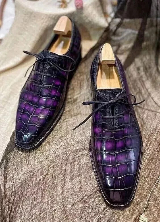Handmade men purple crocodile shoes, men lace up crocodile oxford shoes mens
