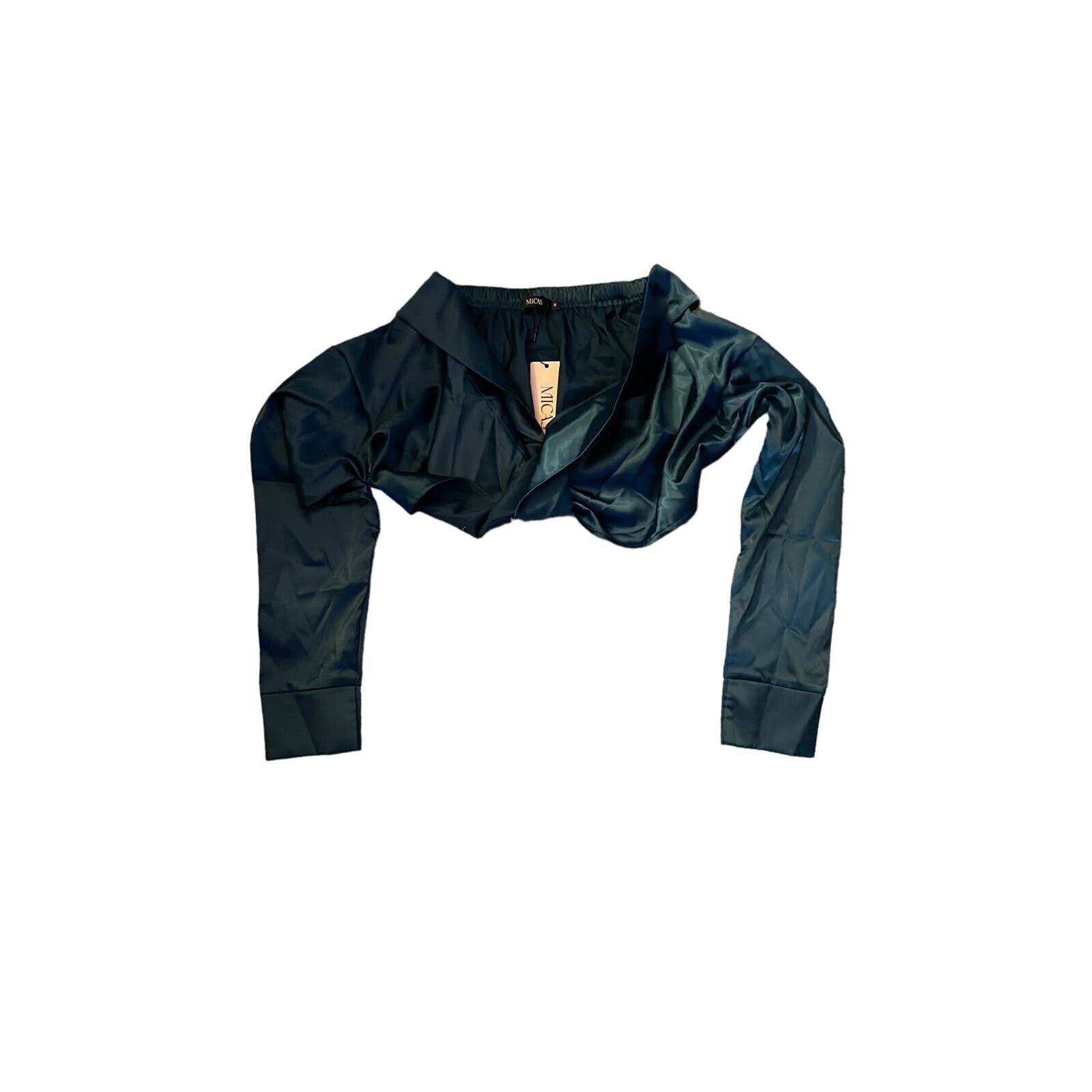 V-Neck Wrap Long Sleeve Crop Top Elastic Satin Feel Emerald Green NWT Medium