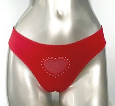 Victoria's Secret Thong Panty Red Embellished Heart Cut Out Mesh M L XL
