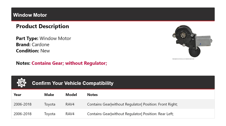 Para Toyota RAV4 2006-2018 Ventana Motor Cardone 2007 2008 2009 2010 2011 2012 Foto 2 de 4