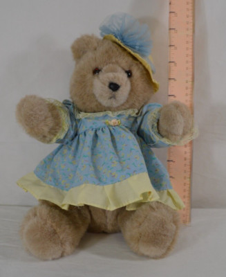Vintage Applause Wallace Berrie 1985 Teddy Bear 4663 Flower Dress And Hat T4