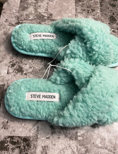 NEW STEVE MADDEN 9 TEAL BLUE GREEN SHERPA FURRY PEACEFUL SLIP ON SLIPPERS |  eBay
