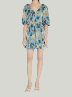 $452 Milly Women's Blue Floral Pleated Blouson Sleeve Mini Dress Size 10