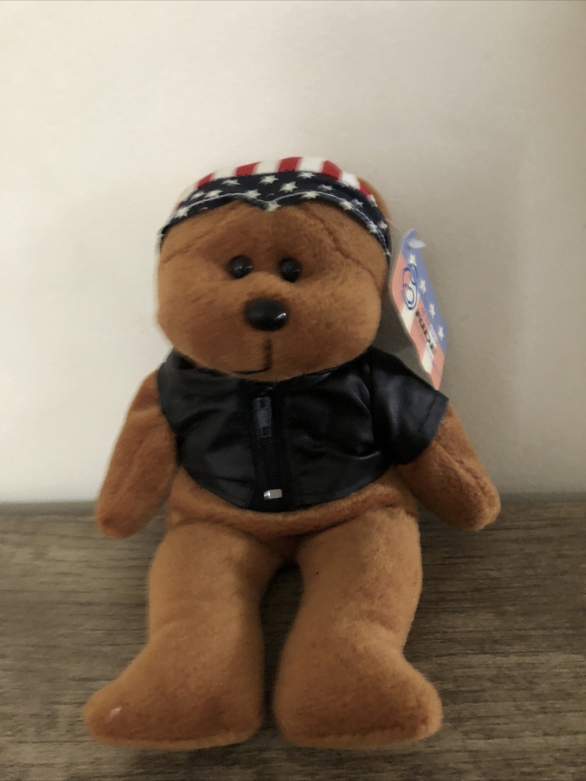 March of Dimes Ride Bear Plush in USA Red White Blue with Black Motorcycle Jacket