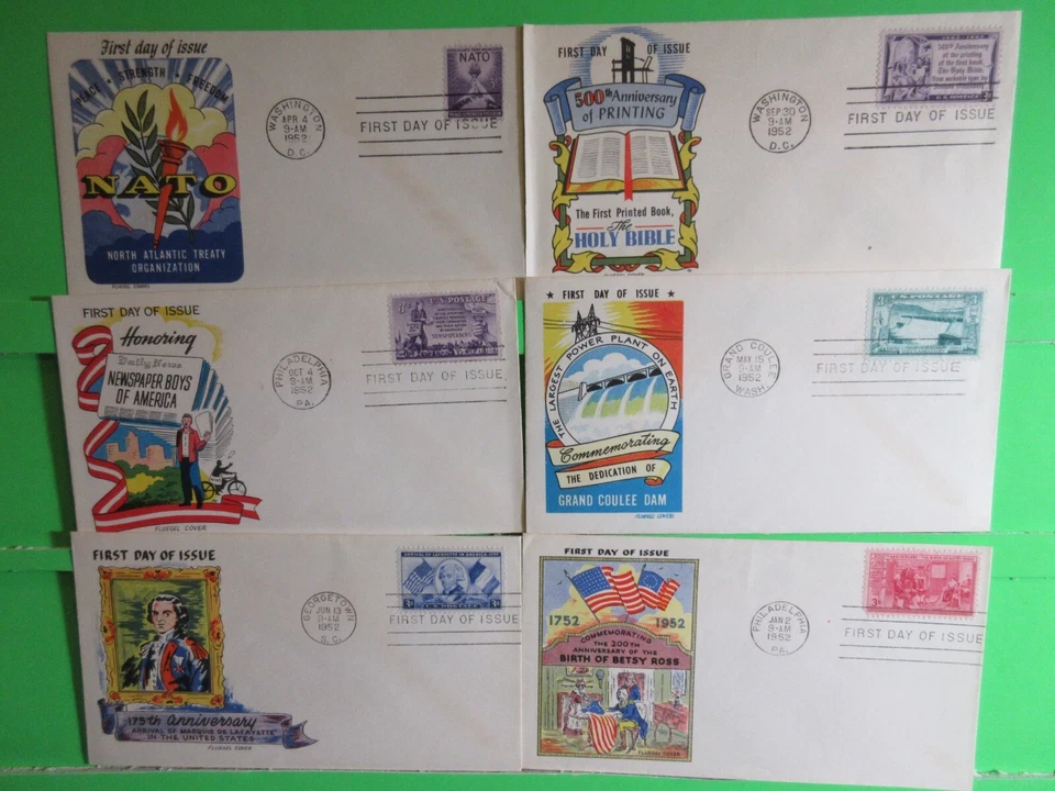 1952 FLUEGEL CACHET FDC LOT OF 6, UA, CLEAN, 1004, 1008, 1009, 1010, 1014, 1015 - Image 2 of 3