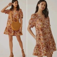 Anthropologie PILCRO Puffed Sleeve Floral Tapestry Dress Cotton/Linen size S