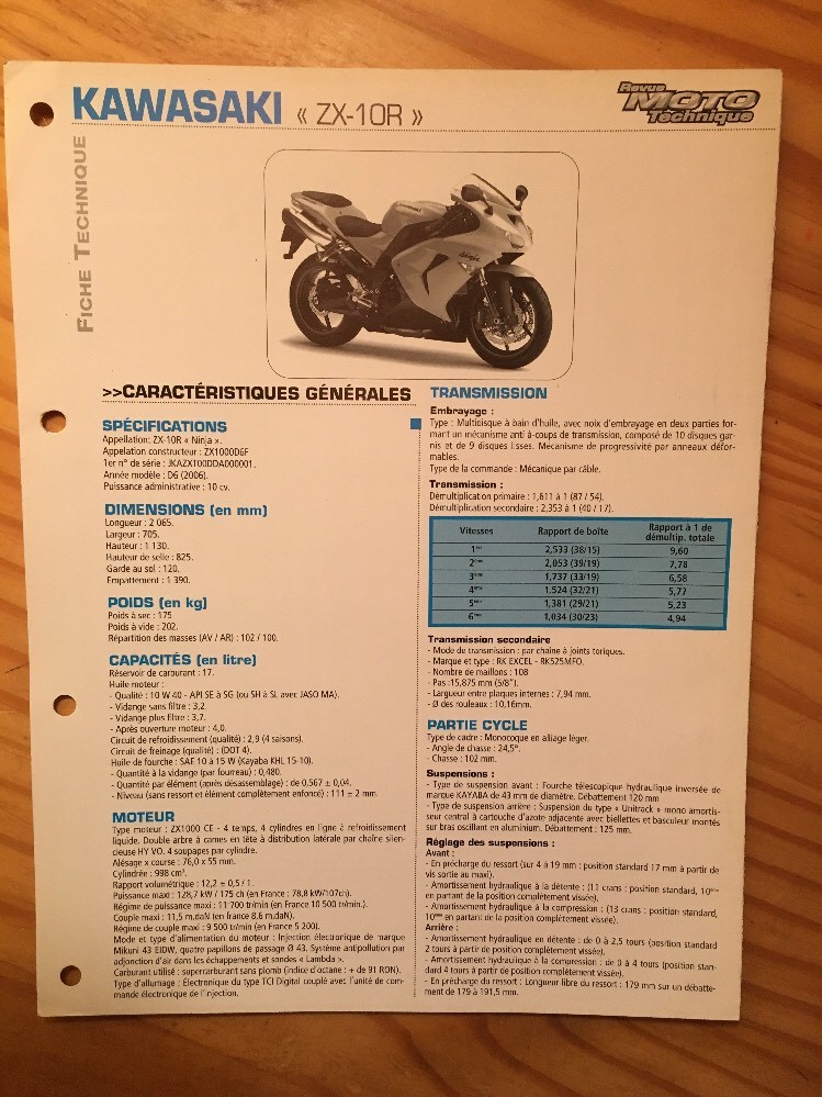 Kawasaki ZX-10R Ninja D6 2006 1000 ZX10R ZX1000D6F Fiche technique