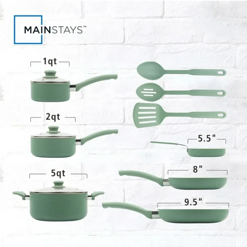 Mainstays Ceramic Aluminum, 12 Piece, Pots and Pans Cookware Set Green Nonstick - Picture 3 of 3