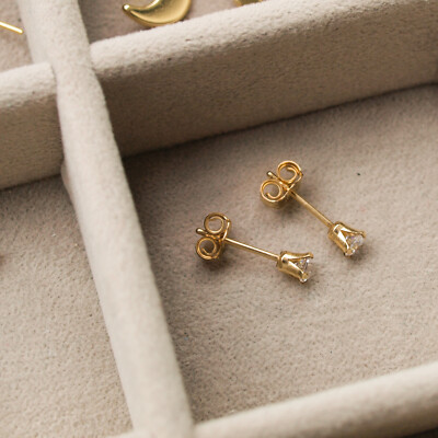 Tiny Cubic Zirconia Gold Filled Studs Earrings, Dainty Mini 3mm CZ Crystals, UK