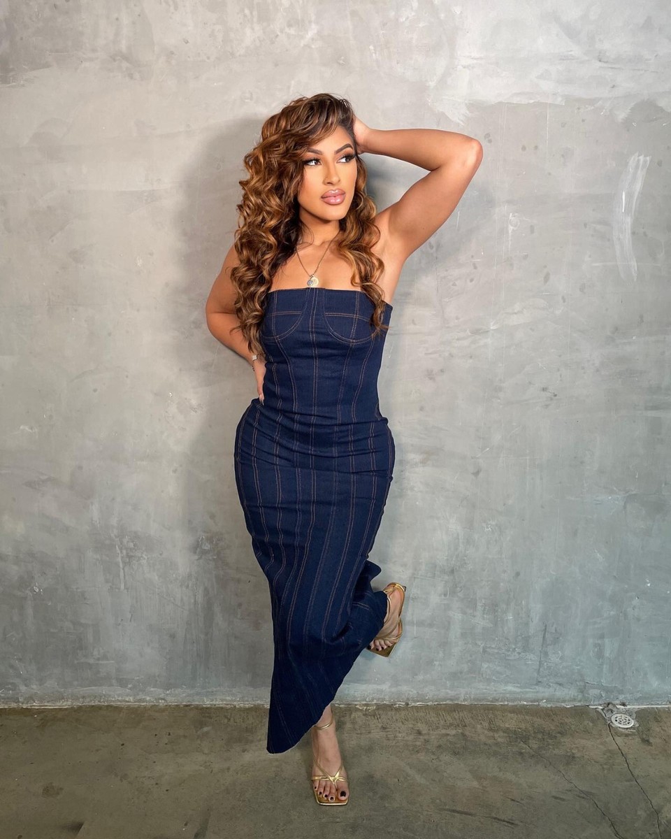 Zara ZW Denim Midi Dress Strapless Blue Back Slit XS S Extra