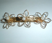 GOLDEN SPRING FLOWER WHITE PEARL HAIR BARRETTE NEW W TAG