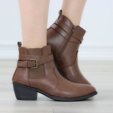 Brown Ankle Boots Buckle Strap Faux Leather Low Block Heel Side Zip