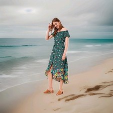 LOFT Beach Womens Green  Floral Print Off The Shoulder Dress Medium NWT