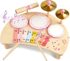 Kids Drum Set Montessori Musical Instruments for Toddlers 1-3, Wooden Baby Drum