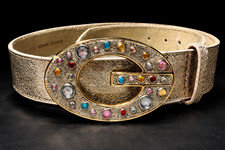Y2K Vintage GUESS Leather Belt 916133 Rhinestone Crystal Gold Buckle Women s L