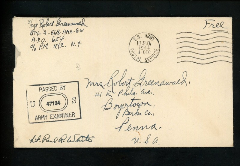 US Postal History Military Free WWII Censor BPO 1 1944 Coldfield Britain to PA