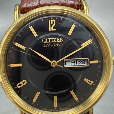 Citizen Eco-Drive Watch Men 36mm Black Dial Gold Tone Daydate E101 