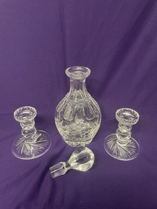 Gorham Lead Crystal Whiskey Decanter Floral Diamond Cut  11" + candle holder set