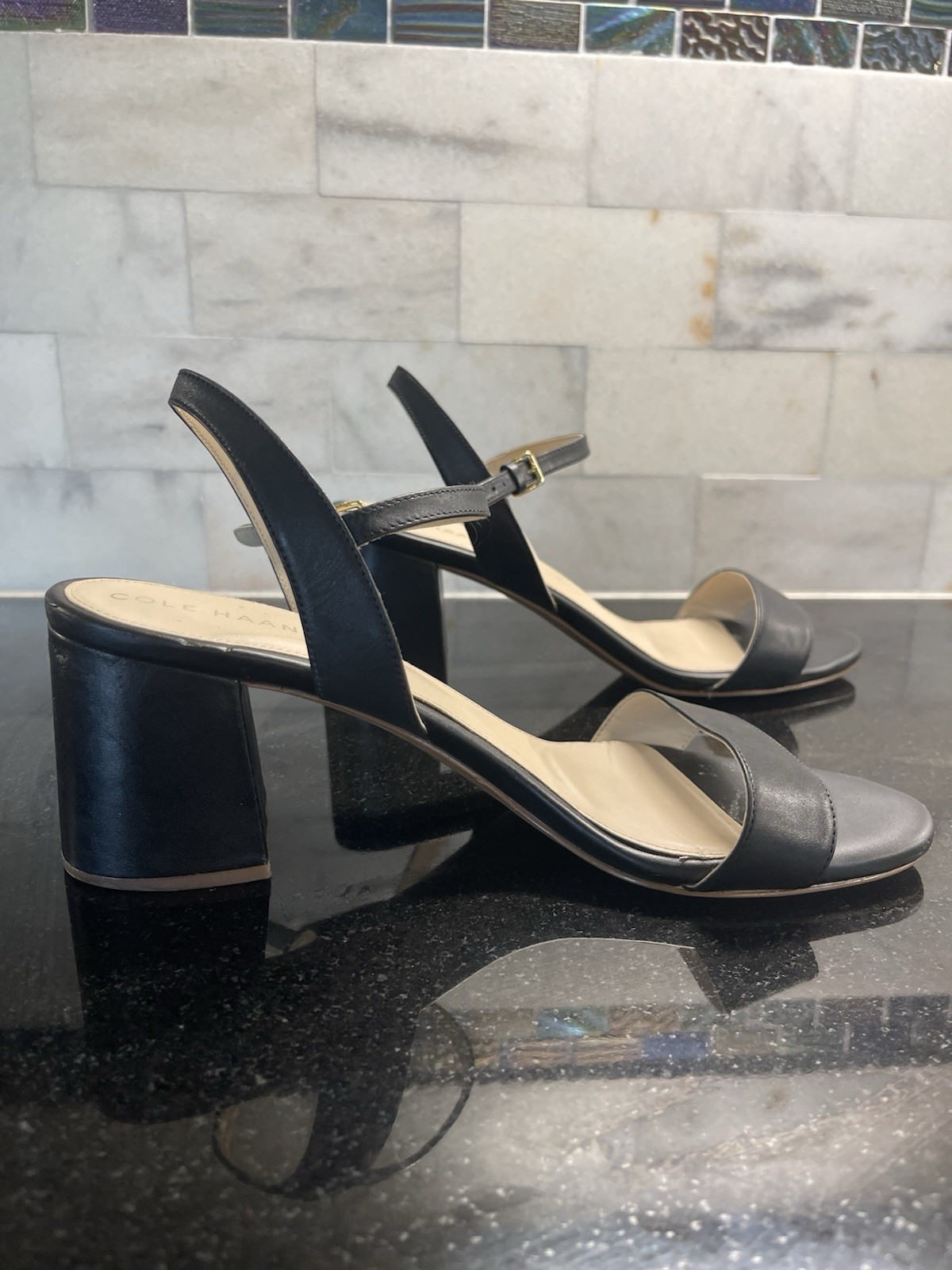 Cole Haan Women’s Black  Leather Open Toe Block Heel Sandals Size 10