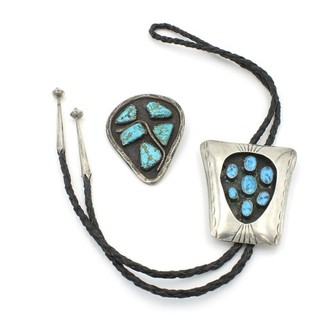 Southwest Sterling Turquoise Bezel Set Leather Bolo Ties Lot of 2 #S4632 1