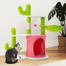 36" Cactus Cat Tree with Scratching Post, Hanging Balls & Basket
