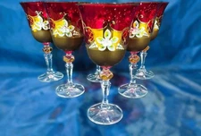 Czech bohemia crystal purp glass Wine glasses 17cm decorated gold and enamel 6pc