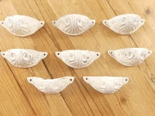 8 CUP PULLS DISTRESSED WHITE DRAWER CABINET BIN HANDLES CAST IRON HARDWARE