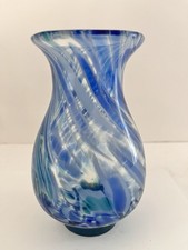 Vintage Hand Blown Vase Blue Swirls with Green Base and Accents 6" Murano STYLE