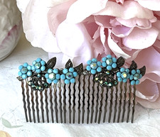 Vintage Handmade Faux Turquoise Blue Rhinestones Flowers Hair Comb Gunmetal Grey