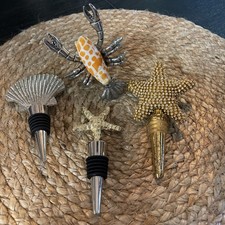 Nautical Wine Stoppers Set Of 4 Seashells, Starfish, And Lobster  