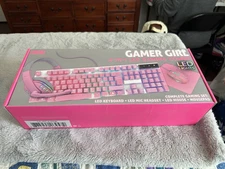 Pink Gaming Keyboard and Mouse Headset Headphones and Mouse pad, Wired LED RG...