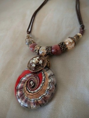 Handcrafted Spiral Pendant Necklace Beaded Metal and Glass by Rashi Gems