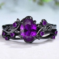 Stainless Steel Amethyst CZ Black Gothic Ring Wedding Women Fashion Jewelry Sets