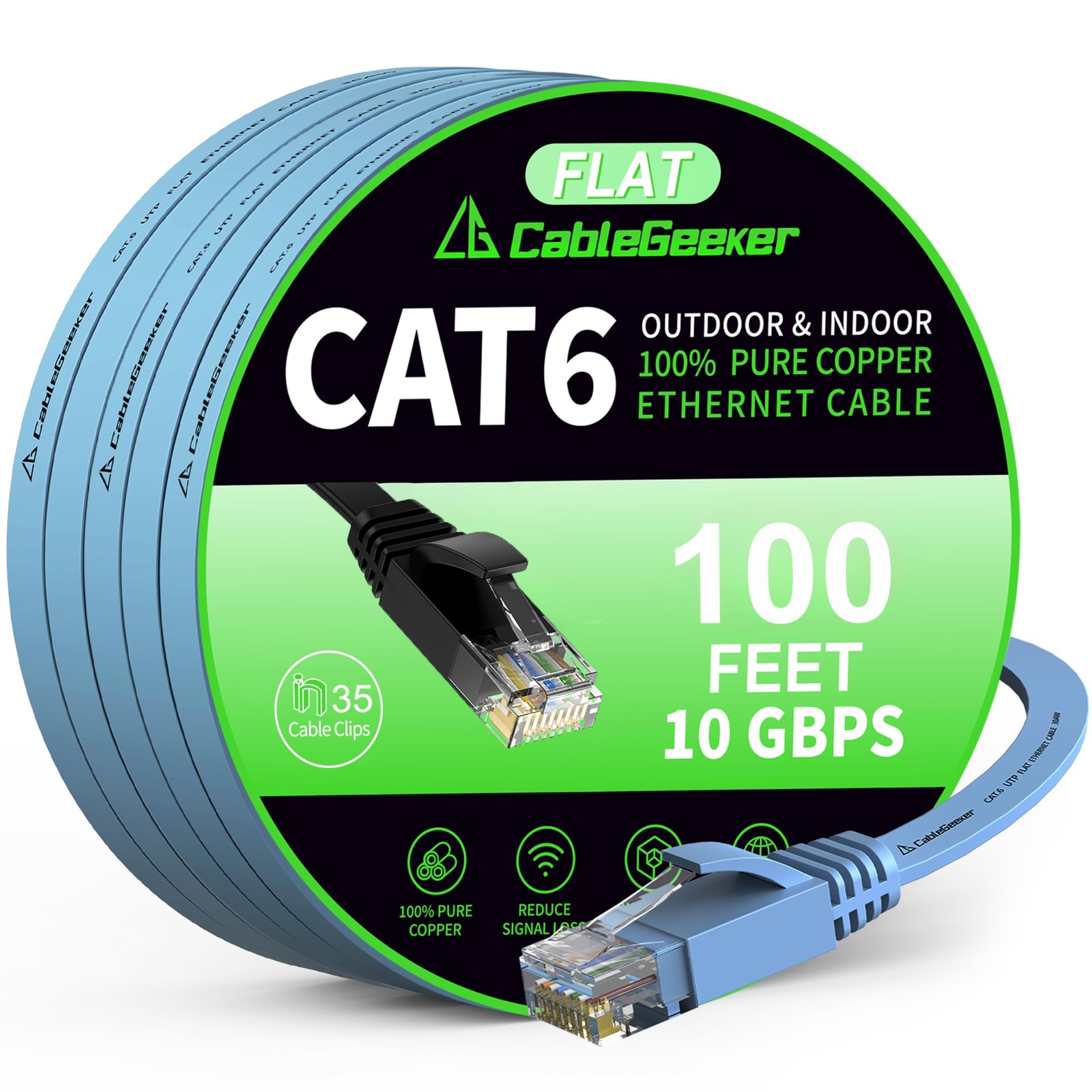 100ft Cat6 Ethernet Cable - Indoor/Outdoor Flat High-Speed 10Gbps Internet Network Cable-image