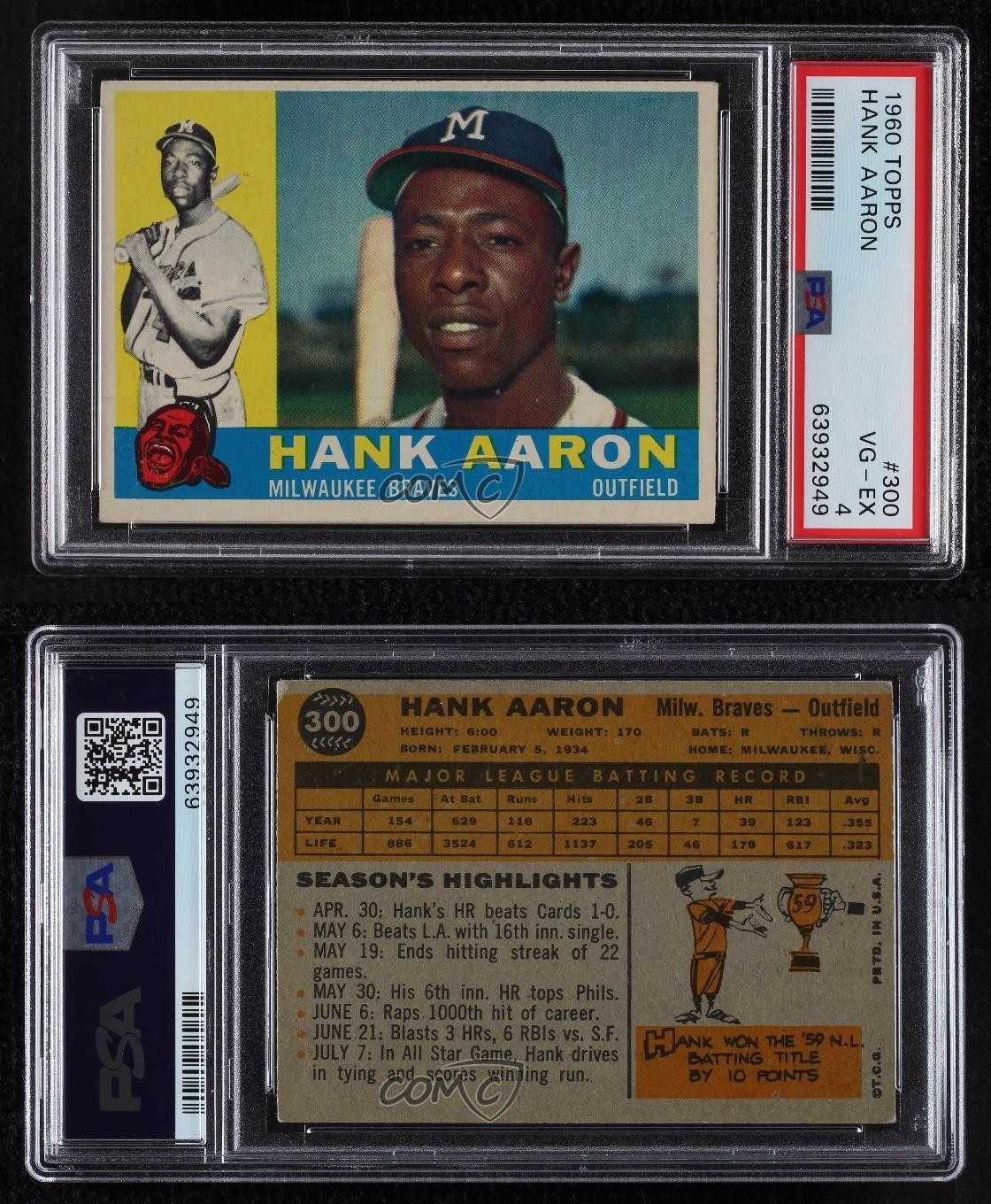 1960 Topps Hank Aaron #300 PSA 4 HOF view 3