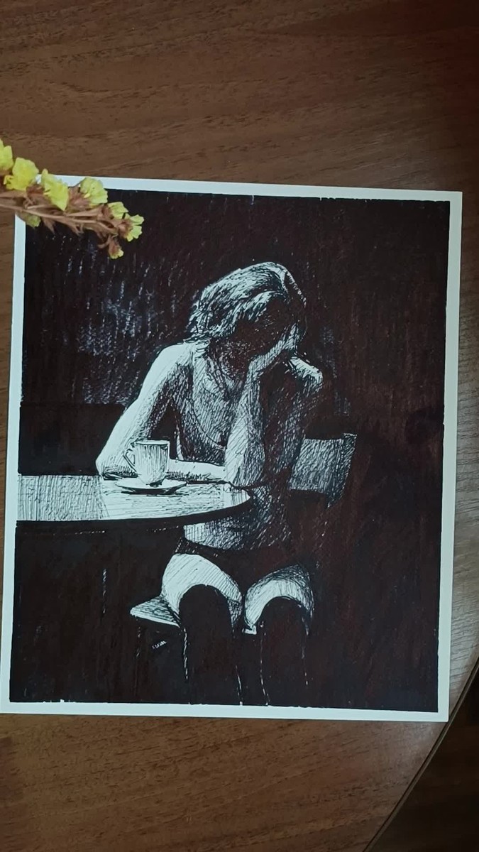 Original drawing with black marker. Sad woman. minimalist quick