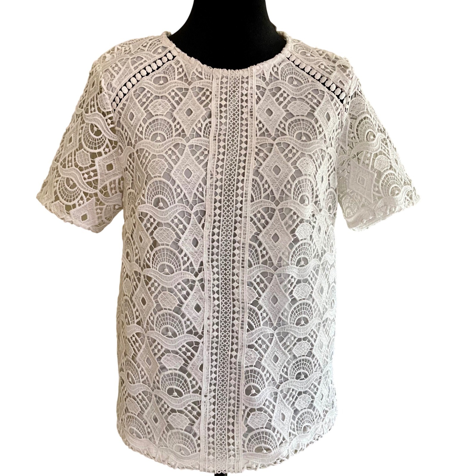 HM White Geometric Lace Short Sleeve Blouse Top Crew Neck Keyhole Back Womens M-image