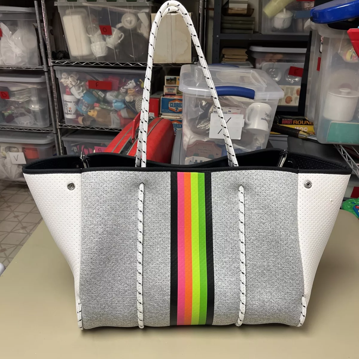 Haute Shore Greyson Tote Neoprene Grey White and Neon Beach Bag