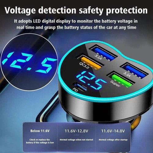 Chargeur Voiture Rapide Efficient Power Delivery 12V 24V 66W PD avec 5 Ports USB