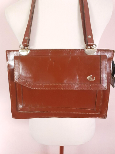 70er Jahre Vintage große braune Leder Schultertasche Handtasche Retro 70s