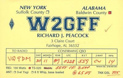 1989 QSL Radio Card W2GFF to Vq9DM Fairhope, Alabama USA