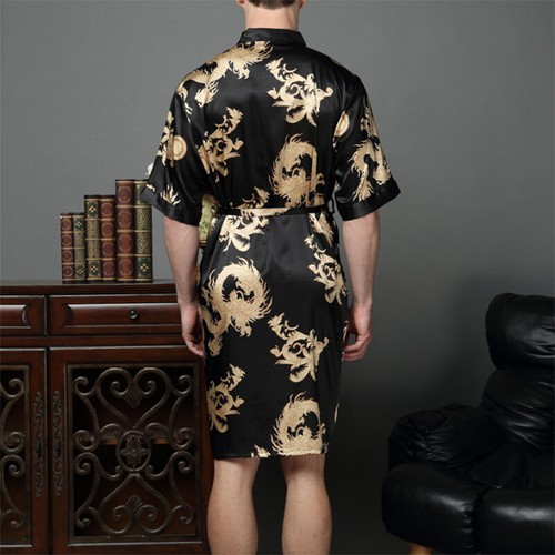Luxus Eis Seide Herren Kimono Morgenmantel Nachthemd Kurzarm Bademantel Nachtwäsche - Bild 4 von 10